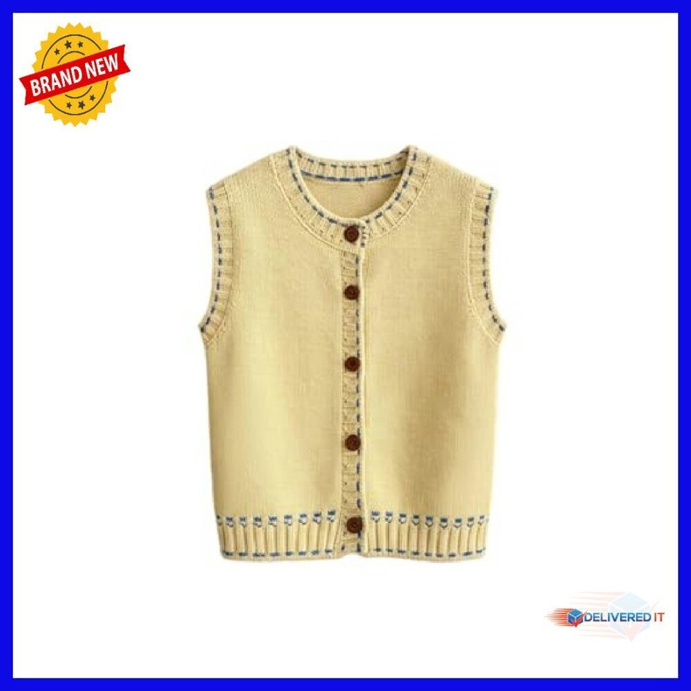 Button Down Sweater Vest Sleeveless Crew Neck Knit Top Casual Fall Outfit - Picture 2 of 6